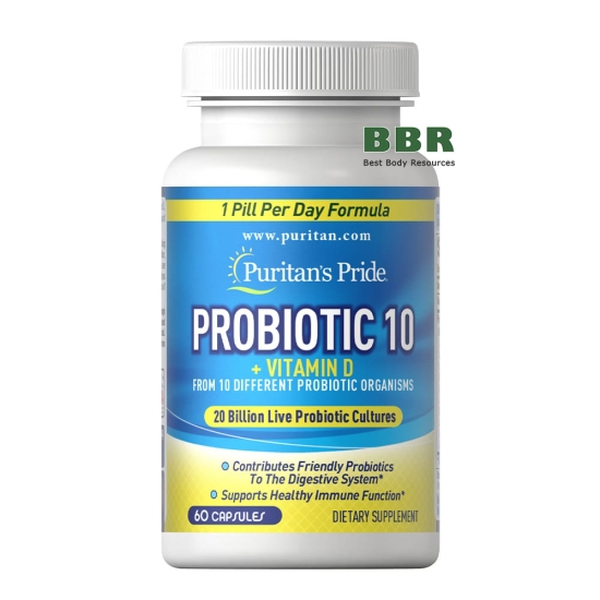 Probiotic 10 20 Billions plus Vitamin D3 60 Caps, Puritans Pride фото