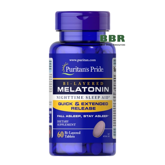 Melatonin 5mg Quick and Extended Release 60 Bi-Layered Tabs, Puritans Pride фото