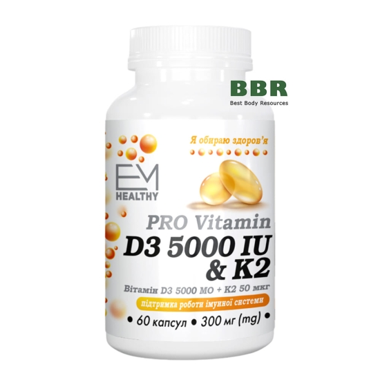 Vitamin D3 5000iu and K2 50mcg 60 Softgels, EM Healthy фото