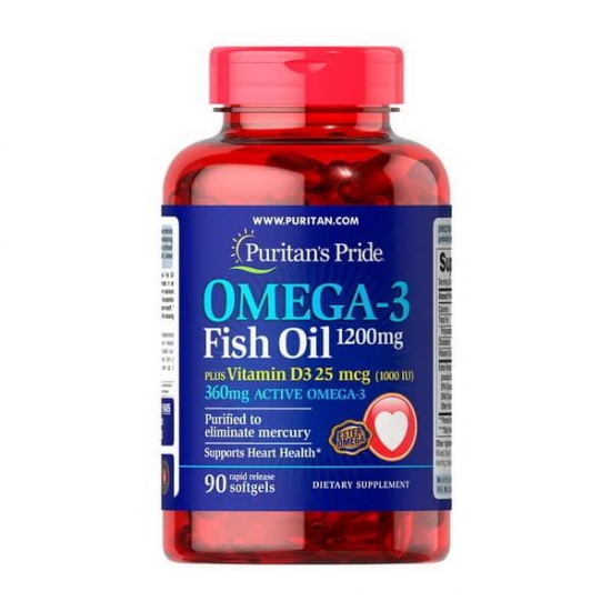 Omega 3 Fish Oil 1200mg plus Vitamin D3 90 Softgels, Puritans Pride фото