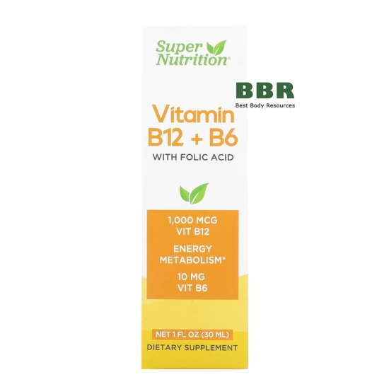 Liquid Vitamin B12 + B6 with Folic Acid 30ml, Super Nutrition фото