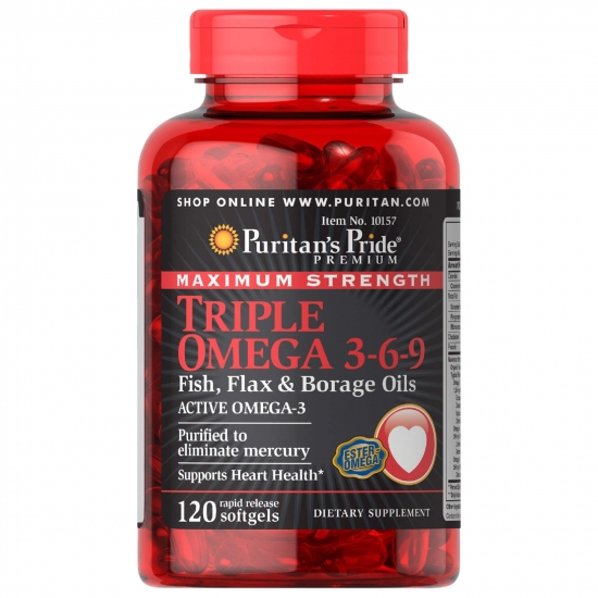 Maximum Strength Triple Omega 3-6-9 60 Softgels, Puritans Pride фото