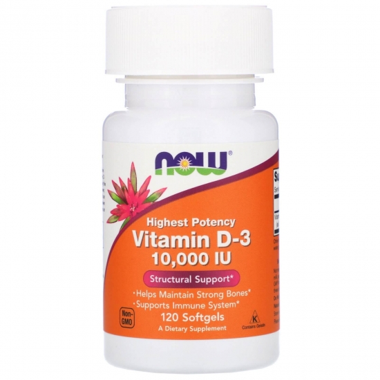 Vitamin D-3 10000IU 120 Softgels, NOW Foods фото