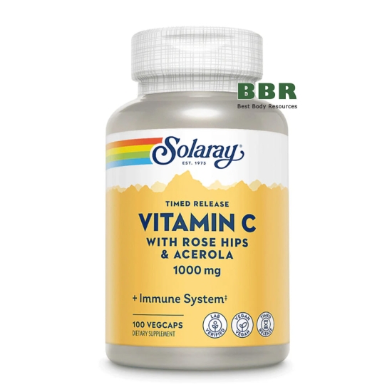 Vitamin C with Rose Hips and Acerola 1000mg 100 Veg Caps, Solaray фото