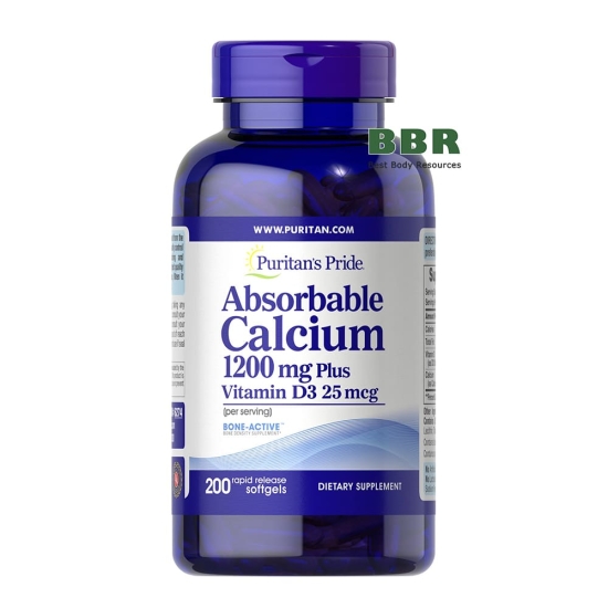 Absorbable Calcium 1200mg plus Vitamin D3 1000iu 200 Softgels, Puritans Pride фото