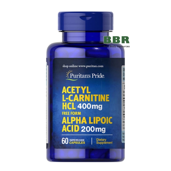Acetyl L-Carnitine HCL 400mg plus Alpha Lipoc Acid 200mg 60 Caps, Puritans Pride фото